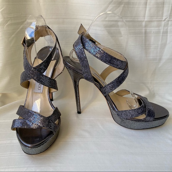 Jimmy Choo Vamp Metallic Slingback Wrap Sandals Platform Heels Glitter Silver - Picture 4 of 12